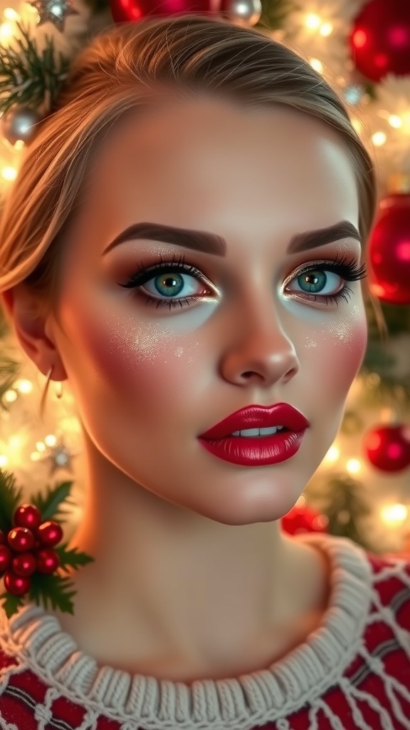 Festive Christmas makeup for green eyes with gold and red eyeshadow, rosy cheeks, and bold red lips.